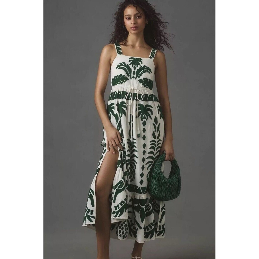 FARM Rio Cream Maxi Dress with Dark Green Tropical Print